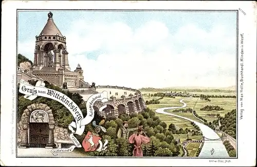 Litho Porta Westfalica an der Weser, Wittekindsberg, Wittekindsquelle, Kasierdenkmal