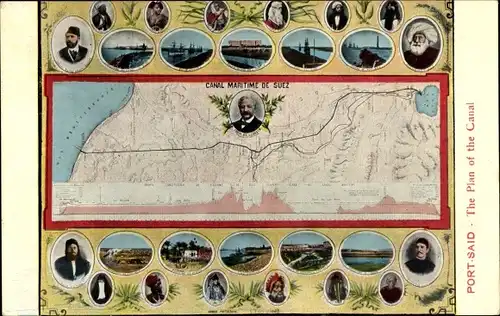 Landkarten Ak Port Said Ägypten, Der Plan des Kanals