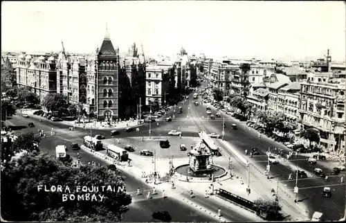 Foto Ak Mumbai Bombay Indien, Flora Fountain, Oriental Life Assurance, Busse
