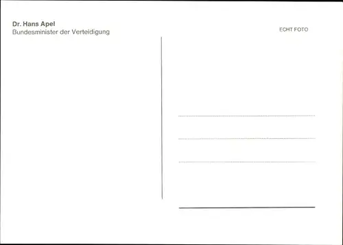 Ak SPD Politiker Hans Apel, Bundesverteidigungsminister, Portrait, Autogramm