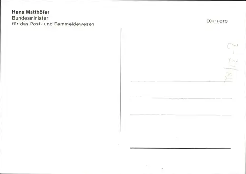 Ak Hans Matthöfer, Politiker, Portrait, Autogramm