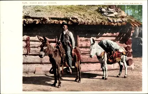 Ak USA, Reiter auf einem Esel, Packesel