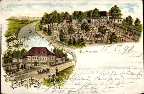 Litho Bernburg an der Saale Salzlandkreis, Gasthof und Gartenlokal Parforcehaus