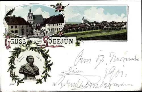 Litho Wettin Löbejün im Saalekreis, Büste Dr. Karl Loewe, Totalansicht