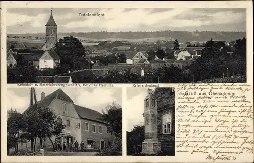 Ak Oberschmon Schmon Querfurt im Saalekreis, Kriegerdenkmal, Kolonialgeschäft