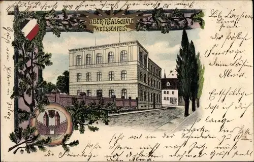 Litho Weißenfels an der Saale, Ober-Realschule, Fahne, Eichenlaub