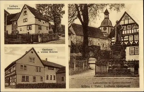 Ak Möhra Bad Salzungen in Thüringen, Gasthaus zum wilden Mohren, Lutherkirche, Lutherdenkmal