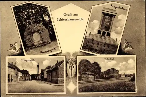 Ak Ichtershausen Thüringen, Preußengrab, Kriegerdenkmal, Hauptstraße, Bahnhof