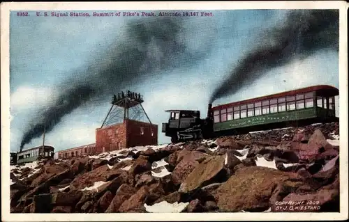 Ak Pikes Peak Colorado USA, Eisenbahn, Signalstation