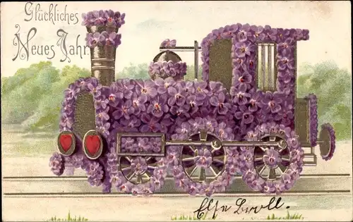 Präge Litho Glückwunsch Neujahr, Dampflok, Veilchen