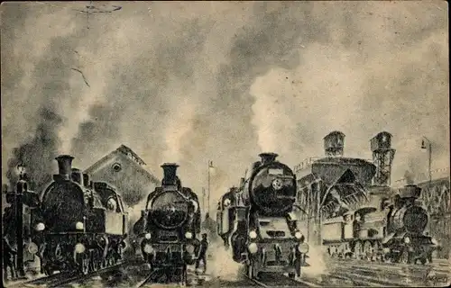 Künstler Ak Tschechische Eisenbahnen, Dampfloks