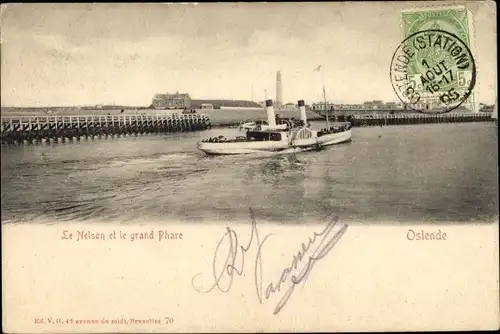 Ak Oostende Ostende Westflandern, Dampfer Nelson, Leuchtturm