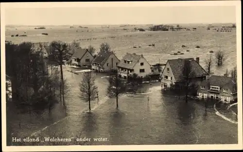 Ak Walcheren Zeeland, Her eiland Walcheren onder water, überschwemmter Ort