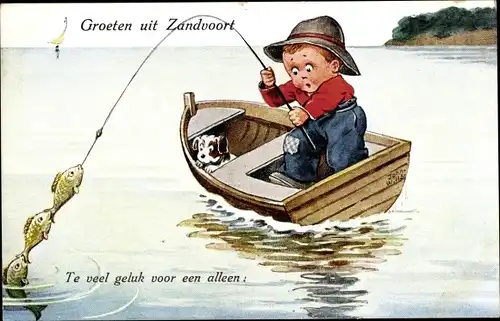 Künstler Ak Wills, John, Zandvoort, Angler im Ruderboot, mehrere Fische am Haken