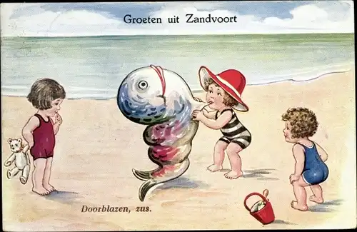 Künstler Ak Scheuermann, Willi, Zandvoort, Kinder am Strand, aufblasbarer Fisch