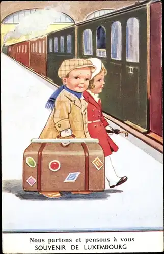Künstler Ak Wills, John, Luxemburg, Junge und Mädchen mit Koffer, Bahnhof