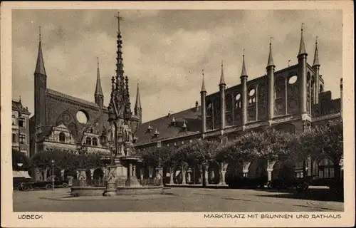 Ak Lübeck, Marktplatz, Brunnen, Rathaus