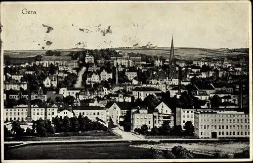 Ak Gera in Thüringen, Teilansicht der Stadt, Wohnhäuser, Kirche, Fabrik