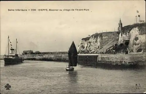 Ak Dieppe Seine Maritime, Dampfer an der Avant-Port-Kurve