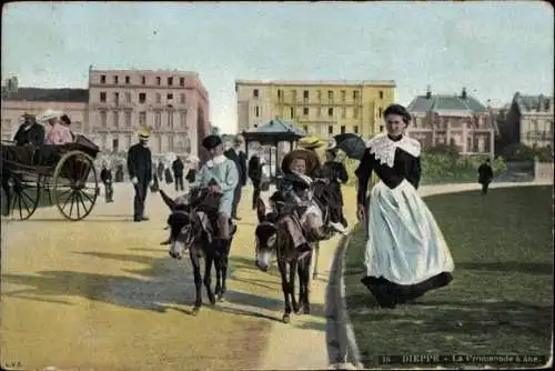 Ak Dieppe Seine Maritime, Promenade a Donkey, Kinder auf Eseln, Kutsche