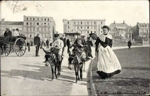 Ak Dieppe Seine Maritime, Promenade a Donkey, Kinder auf Eseln, Kutsche