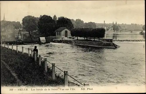 Ak Melun Seine-et-Marne, Die Ufer der Seine, Blick auf die Insel