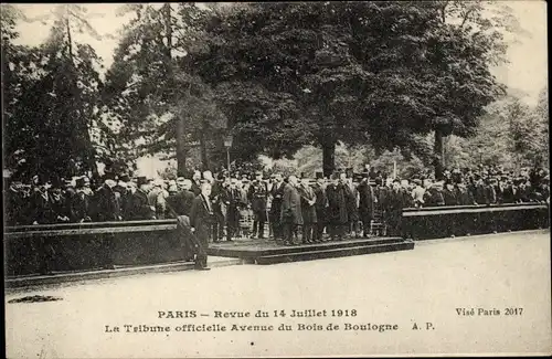 Ak Paris XVI Passy, Rezension vom 14. Juli 1918, The Official Tribune Avenue du Bois de Boulogne