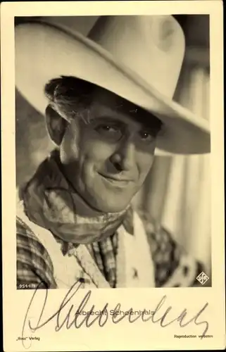 Ak Schauspieler Albrecht Schoenhals, Portrait, Filmkostüm, Western, Autogramm