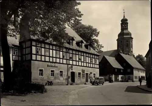 Ak Geising Altenberg im Erzgebirge, Ratskeller, Kirchturm, Fachwerkhaus