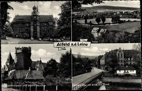 Ak Alfeld an der Leine, Rathaus, Landratsamt, alter Fitterturm, Leinebrücke, Ortsansicht