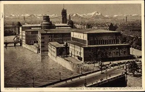Ak München, Deutsches Museum, neues Studiengebäude, Brücke