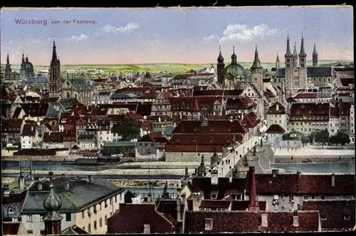 Ak Würzburg am Main Unterfranken, Totalansicht, Festung. Kirchtürme