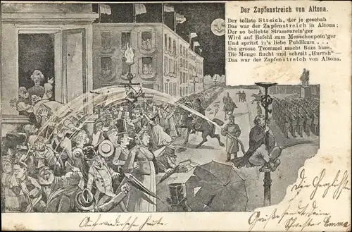 Litho Hamburg Altona, Zapfenstreich von Altona, Soldaten, Wasserschlauch, Menschenmenge