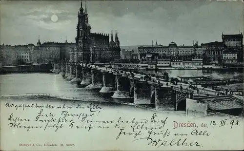 Mondschein Ak Dresden Altstadt, Brücke, Kirche, Nachtansicht