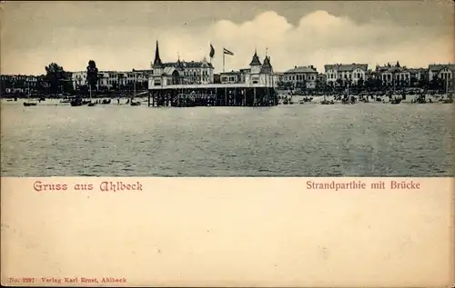 Ak Ostseebad Ahlbeck Heringsdorf Usedom, Strandpartie mit Brücke