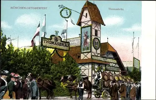 Ak München, Oktoberfest, Thomasbräu, Kutsche, Passanten