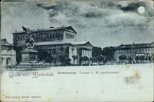 Mondschein Ak Darmstadt in Hessen, Großherzogliches Theater, Kriegerdenkmal