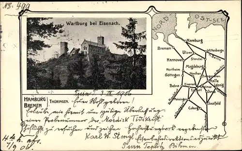 Ak Lutherstadt Eisenach in Thüringen, Wartburg, Landkarte, Deutsche Eisenbahnen