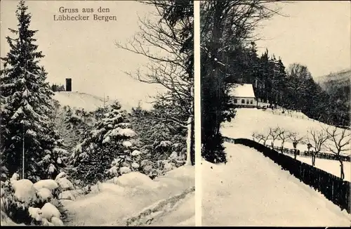 Ak Lübbecke in Westfalen, Wintermotiv, Turm, Haus