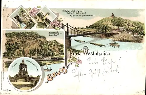 Litho Porta Westfalica an der Weser, Kaiser Wilhelm Denkmal, Jacobsberg, Bahnhof, Kettenbrücke