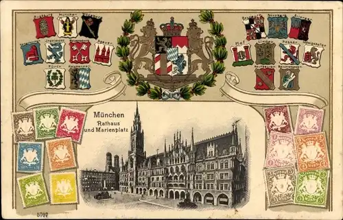 Präge Wappen Ak München, Rathaus und Marienplatz, Briefmarken