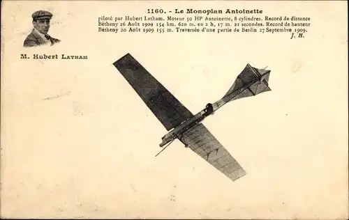 Ak Das Antoinette-Eindeckerflugzeug, gesteuert von Hubert Latham