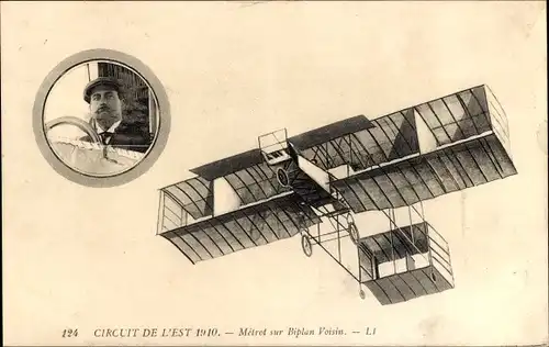 Ak Eastern Circuit 1910, Metrot auf Voisin-Doppeldecker