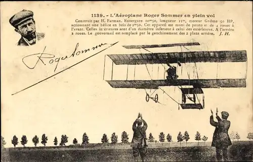 Ak Das Flugzeug Roger Sommer im vollen Flug, Farman Biplane