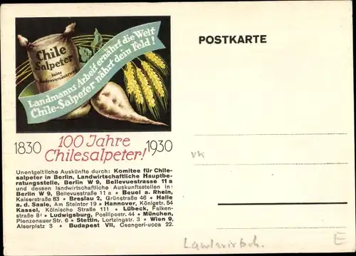 Künstler Ak 100 Jahre Chilesalpeter 1830-1930, Dünger, Getreideähren, Feldfrüchte