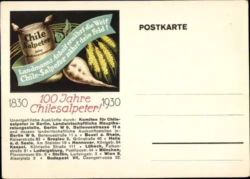 Künstler Ak 100 Jahre Chilesalpeter 1830-1930, Dünger, Getreideähren, Feldfrüchte