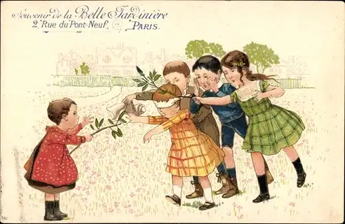 Künstler Ak Reklame, Belle Jardiniere, Rue du Pont-Neuf, Paris, Kinder spielen Blinde Kuh