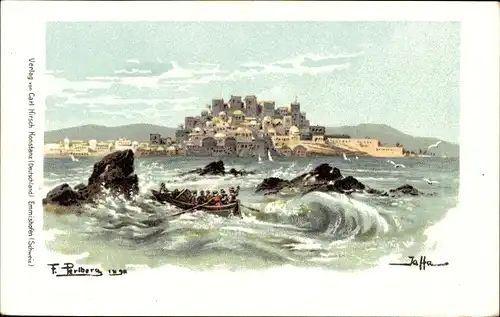 Künstler Litho Perlberg, F., Tel Aviv Jaffa Israel, Blick zum Ort, Boot, Wellen