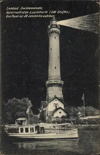 Ak Warszów Osternothafen Świnoujście Swinemünde Pommern, Leuchtturm bei Nacht