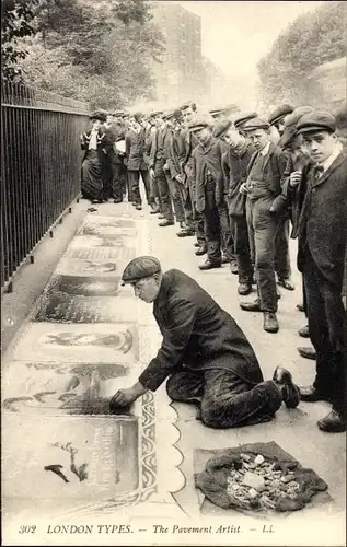 Ak London City England, London Types, The Pavement Artist, Straßenmaler, Zuschauer
